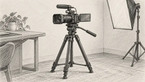Ceruzarajz: videókamera állványon egy kis otthoni stúdió sarkában